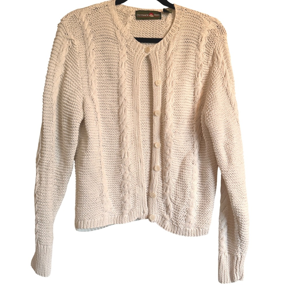 Vtg 80's Outback‎ Red Cardigan Medium Cable Knit Ramie Cotton Cream Sweater